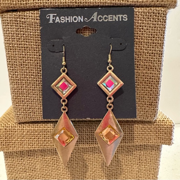 NWT Fashion Accents Earrings matte gold tone w/ Aurora Borealis Crystal dangles - Picture 2 of 8